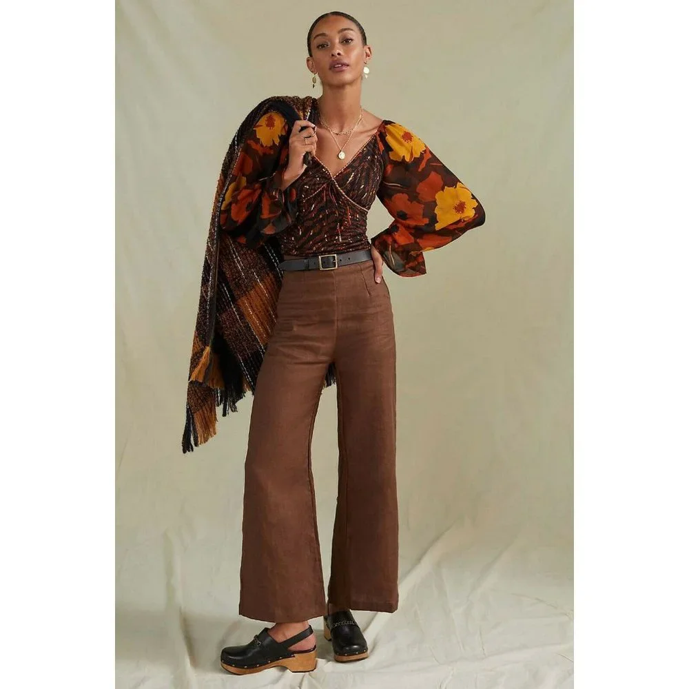 NWT Anthropologie Abstract Puff-Sleeved Blouse XL Floral Brown Black